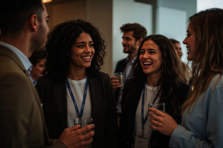 Group of smiling young professionals networking at an event. They are holding drinks and seem happy to be talking to each other in the light and airy space.の素材