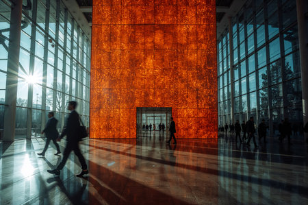 People move through a brightly lit modern building with a stunning orange wall. Sunlight streams through glass, creating dynamic shadows.の素材