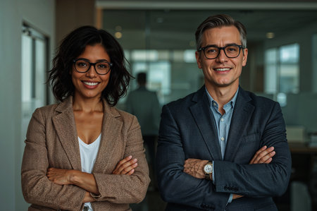 Portrait of two confident business professionals, a woman and a man, smiling in a modern office setting, showing diversity and teamwork.の素材