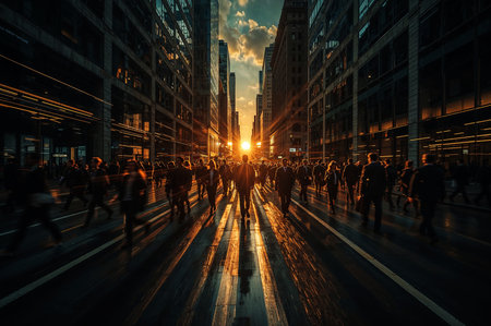 A bustling city street at sunset, filled with blurred figures of commuters. The sun creates long shadows and reflects off the wet pavement, capturing the energy of urban life.の素材