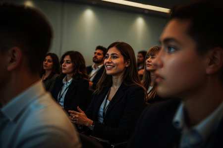 Focused audience listens. Young professionals await conference, inspired. Diverse group engages, sharing ideas, bright future.の素材