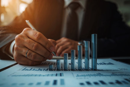 A business person analyzes financial data with a pen and bar graph. The image conveys growth planning and market analysis.の素材