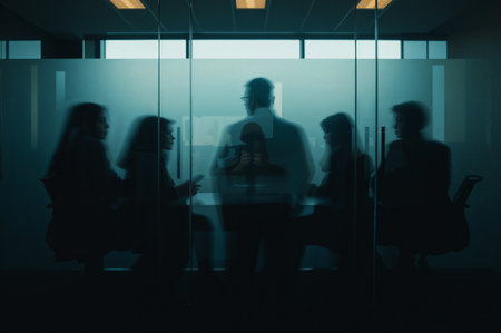 Abstract image captures a team meeting behind glass, silhouettes enhancing the mystery in a modern, corporate setting. Blue tones evoke a sense of professionalism.の素材