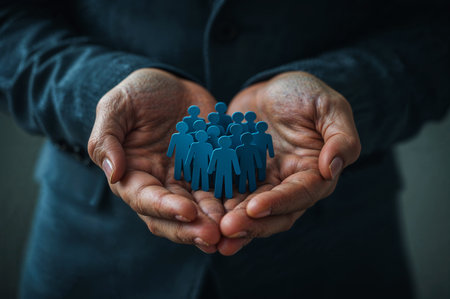 A group of blue paper figures rests in cupped hands. Symbolizes teamwork, community, and care in a business context. Connection and support are emphasized.の素材
