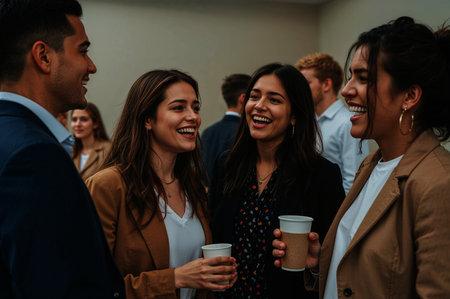 A group of young professionals laugh and connect during a networking event. They are energetic and engaged. The scene captures camaraderie.の素材