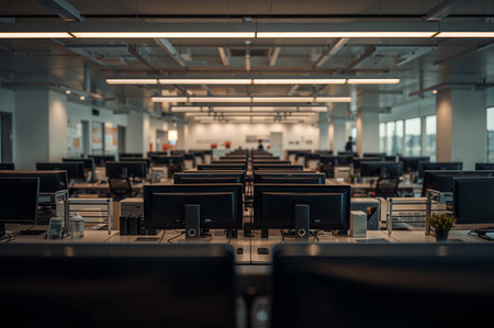 Rows of computers line an empty office space, highlighting the stark, modern workspace. Focus on technology and business environment.の素材