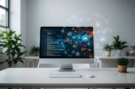 Clean, white desk featuring a computer screen displaying cloud technology symbols and code. Focus on software, network, and digital interface.の素材