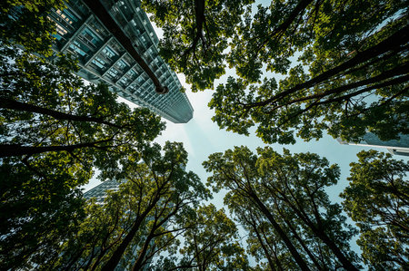 Looking up through green trees to modern skyscrapers. The intersection of urban life and nature, a calming blend of architecture and foliage.の素材