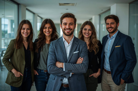 A diverse business team smiles confidently in a welllit office. Professionals show teamwork, success, and collaboration. Confident and approachable.の素材