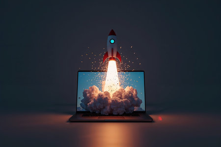 A digital rocket blasts off from a laptop screen, symbolizing innovation, speed, and startup success. The image evokes technology and futuristic ideas.の素材