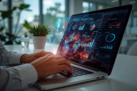 Closeup of a person using a laptop displaying digital marketing data and analytics, suitable for business and strategy visuals.の素材