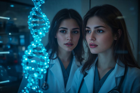 Two female scientists in lab coats examine a glowing DNA model, signifying a breakthrough in genetic research and medical innovation.の素材
