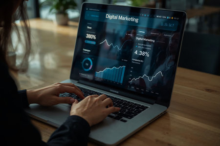 Closeup of a person using a laptop displaying digital marketing analytics. The image highlights datadriven business insights for strategic growth.の素材