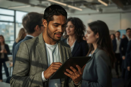 A businessman uses a tablet surrounded by colleagues in a modern office, perfect for showcasing technology in business.の素材