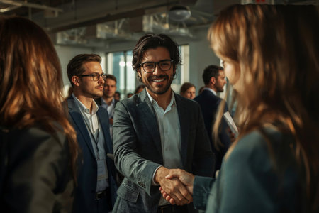 A businessman shakes hands at a conference, symbolizing networking and a professional business deal. The atmosphere is engaging and positive.の素材