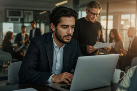 Business meeting in progress a young man focuses on his laptop while a colleague reviews documents. Light filled modern office setting.の素材