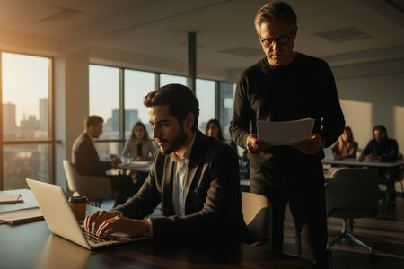 Professional business team working in bright office space. Manager overseeing employees work on a laptop during team meeting in the background.の素材