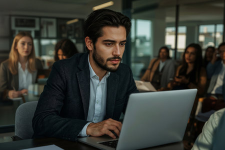 A focused man types on his laptop during a business meeting, conveying professionalism and teamwork. Hes part of a diverse group, suggesting success.の素材