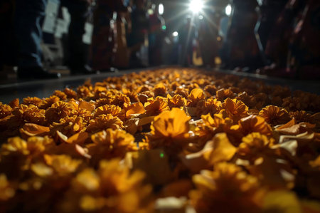 A vibrant path of golden marigold petals creates a symbolic and visually stunning pathway in a temple setting, illuminated by a bright light.の素材