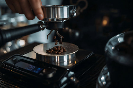 Closeup shot of coffee beans falling into a portafilter on a scale. Dark, moody, precision coffee brewing in progress. Ideal for cafes or coffee product ads.の素材