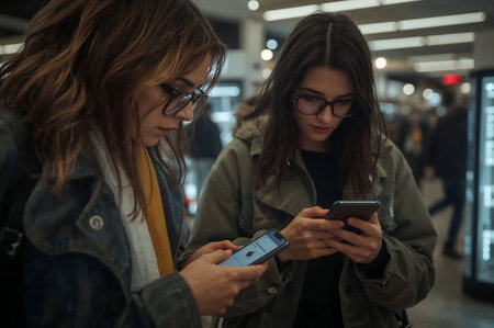 Two young women intently focused on their smartphones in a public place, with a slightly blurred background and urban, modern clothing.の素材