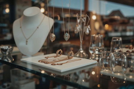 Elegant gold necklaces and rings are displayed in a boutique, catching the light and inviting desire. Perfect for showcasing luxury jewelry brands.の素材