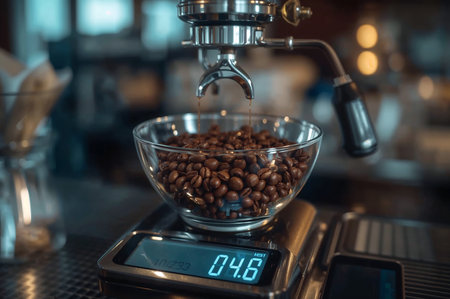 Closeup shot of coffee beans getting weighed during espresso brewing. Focus is on the rich, warm tones of the beans and the brewing process. Great for cafe or coffee shop use.の素材