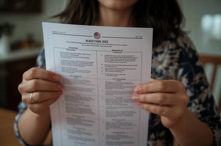 Image shows a woman holding an election ballot with Election 2024 visible. The photo showcases citizen participation with focus on voting and election related concepts.の素材