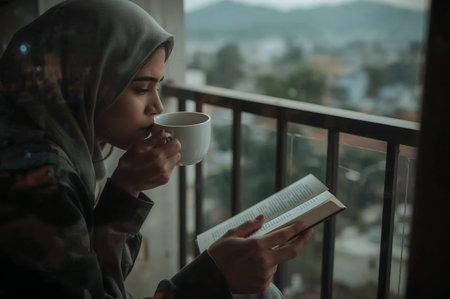 A young woman wearing a hijab drinks coffee and reads a book on a balcony, enjoying a quiet moment of reflection with a blurred urban backdrop.の素材