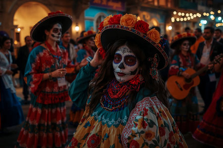 Captivating image of a woman in ornate Dia de los Muertos attire, featuring detailed sugar skull face paint and a large floral hat, part of a vibrant cultural celebration.の素材
