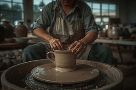 A potter expertly shapes clay into a mug on a spinning wheel, illuminated by focused studio lighting. This scene embodies craftsmanship and creation.の素材