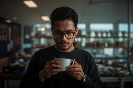 Portrait of a young man with glasses holding a white coffee cup, looking pensively at the camera in a softly lit, creative studio setting.の素材