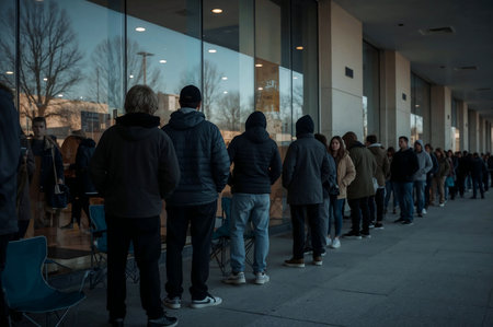 A long queue of people wait patiently outside a store with glass windows in cool, moody blue light. The focus is on anticipation and the social aspect of shopping.の素材