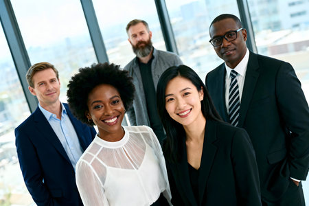 A diverse group of five professionals, including men and women of various ethnicities, smile confidently in a modern office setting. This image conveys teamwork, success, and a positive work environment.の素材