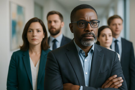 A diverse group of professionals stands together in a modern office hallway, exuding confidence and unity. This image represents teamwork, leadership, and corporate success.の素材