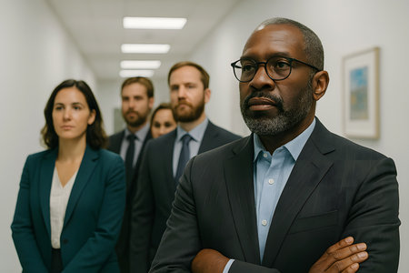 A diverse group of professionals in business attracts walks purposefully down a modern office hallway. The image conveys a sense of unity, leadership, and forward momentum in a corporate setting.の素材