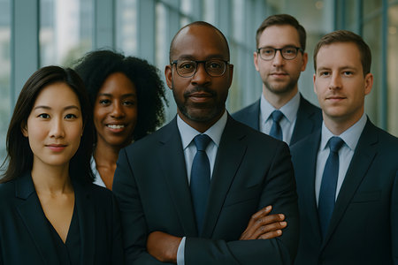 A diverse group of five professionals in business suits stand together, exuding confidence and leadership. This image captures a modern, inclusive corporate environment, perfect for representing teamwork and success.の素材