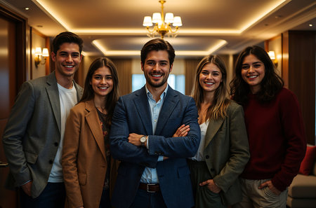A diverse group of five young professionals stands together, smiling and looking at the camera in a well-lit, modern office environment. The image conveys a sense of teamwork, success, and positive corporate culture.の素材