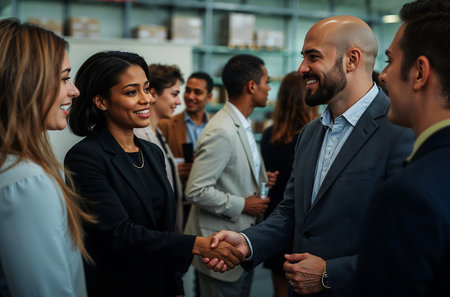 Business professionals from diverse backgrounds shake hands during a networking event, showing cooperation, trust, partnership, and modern corporate culture.の素材
