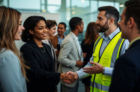 Business professionals from diverse backgrounds shake hands during a corporate networking event, representing trust, partnership, collaboration, and modern professional relationships.の素材