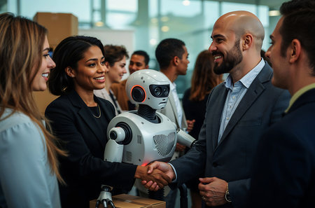 Humanoid robot interacts with business professionals during a modern networking event, illustrating human-robot collaboration, innovation, artificial intelligence, and future workplace technology.の素材