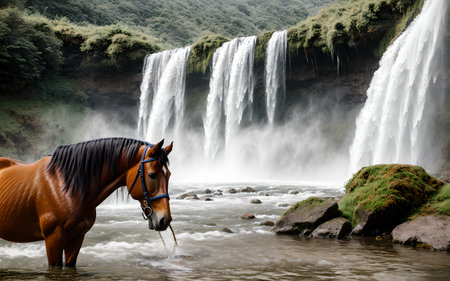 Horse on the background of a waterfall. The concept of extreme tourismの素材