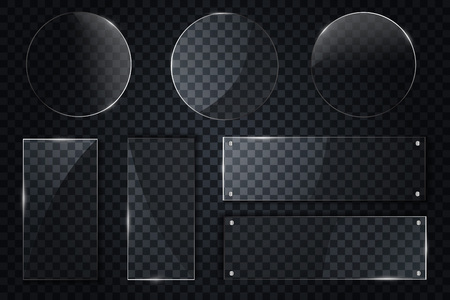 Set of transparent glass. Glass framework set. Glass square, rectangular and round buttons on checkered background.のイラスト素材