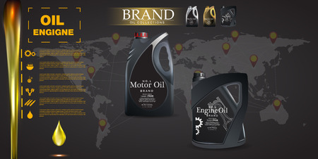 Bottle engine oil on a background a motor-car piston, technical illustrations. Realistic 3D vector image, canister ads with icon blueprints. Mechanical engineering drawings.のイラスト素材