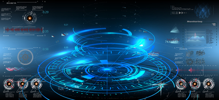abstract technology ui futuristic concept hud interface hologram elements of digital data chart, communication, computing and circle percent vitality innovation on hi tech future design backgroundのイラスト素材