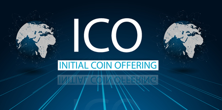 ICO initial coin offering futuristic hud background with world map and blockchain peer to peer network. Global cryptocurrency ICO coin sale event - blockchain business banner concept.のイラスト素材