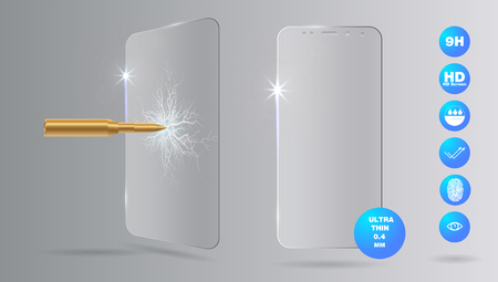 Shot a bullet in protective glass, a crack on glass. Vector screen protector film or glass cover isolated on grey background, mobile accessoryのイラスト素材