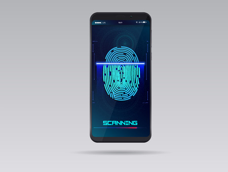 Smartphone with finger scan. HUD interface. Stock vector illustration.のイラスト素材