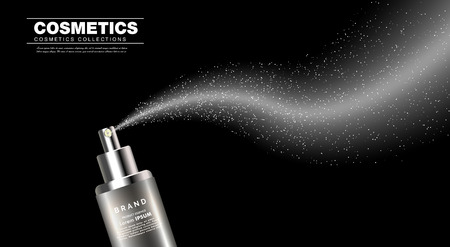 Gray spray bottle, blank container with spraying mist in 3d illustration isolated on black backgroundのイラスト素材