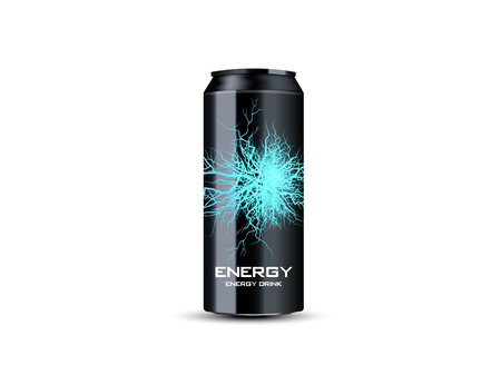 energy drink contained in metal can with electricity lightning element, teal background 3dのイラスト素材